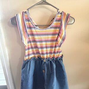 Girls' Multicolor Striped Casual Dress with Denim Skirt